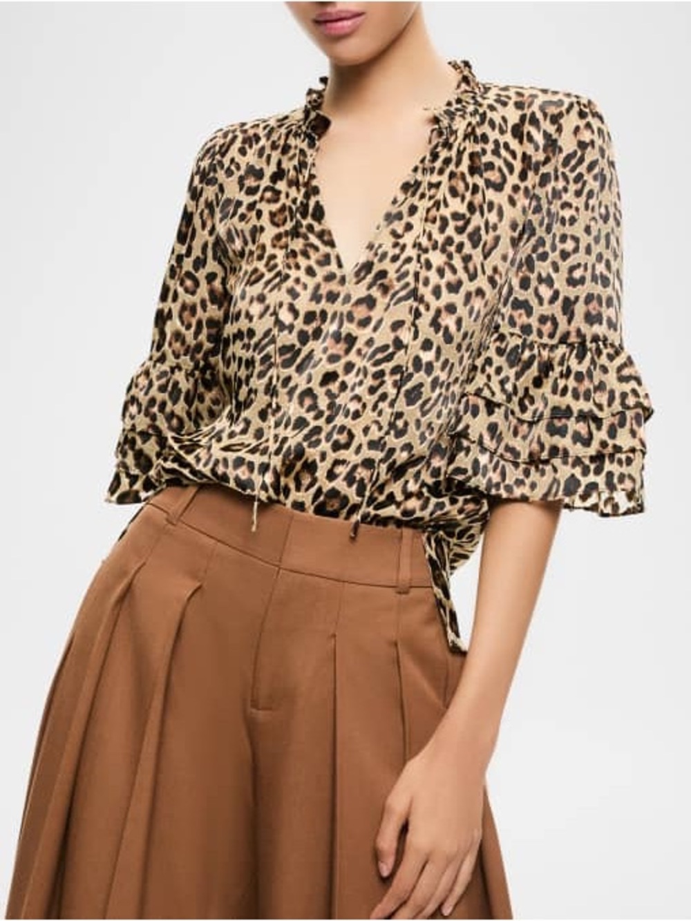 ALICE + OLIVIA Leopard Love Julius Tiered-Sleeve Blouse Silk Blend Size 8